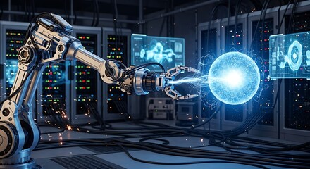 Futuristic robotic arm manipulating a glowing sphere in a hightech server room, showcasing advanced technology and automation