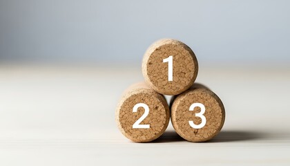 Three corks stacked on top of each other showing the numbers one two and three on a white surface with a gray background