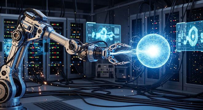 Futuristic robotic arm manipulating a glowing sphere in a hightech server room, showcasing advanced technology and automation