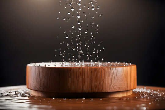 Modern Wooden Display Platform with Realistic Water Splash for Advertising and Branding