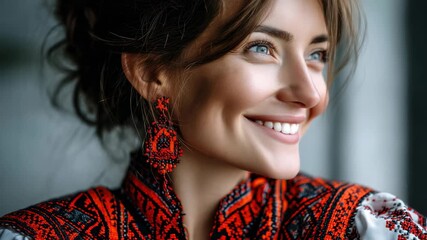 Ukrainian woman wears traditional clothing and jewelry in bright setting with natural light