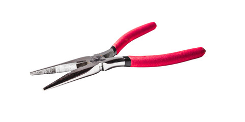 Red pliers tool with long nose for electrical work and fine manipulations