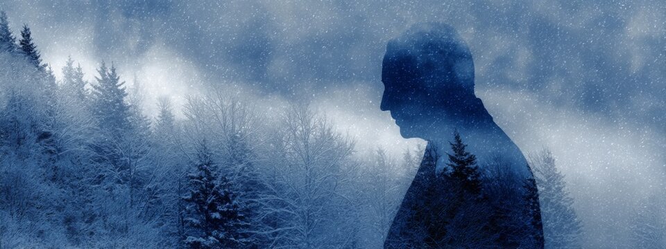 Mysterious Winter Portrait Silhouette of a Leader Amidst a Snowy Forest Setting