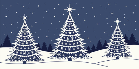 Fototapeta premium Snowy field with three Christmas trees decorated with white stars, set against a starry night sky with a prominent bright star.