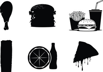 Silhouetted fast food icons on white background for design elements