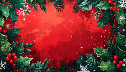 Top-down view of a red Christmas background framed by holly leaves, pine branches, berries and snowflakes, perfect festive backdrop with ample copy space Great for cards.