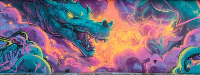 Energetic Mural Depicting Myths with Vibrant Colors and Dynamic Mythical Creatures in Urban Setting