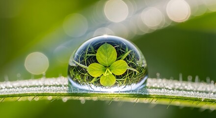 Ephemeral microcosm: Dewdrop reflects a vibrant four-leaf clover on dewy grass blade freshness