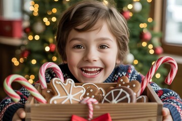 Happy, smiling child holding an open box filled with festive christmas cookies, gingerbread men, and striped candy canes
