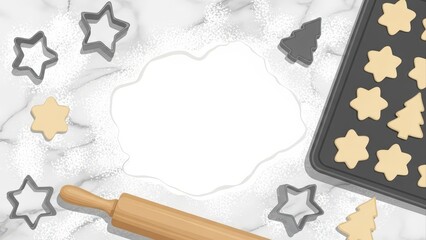 Overhead view of Christmas cookie baking with dough, cutters, and baking sheet on marble.