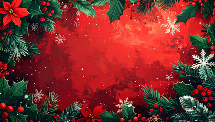Top-down view of red Christmas background framed by poinsettias, holly leaves, berries and pine branches, with snowflakes and copy space for festive greetings and seasonal designs.