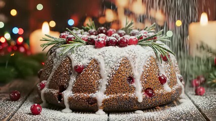 A delicately decorated Christmas cake with vibrant icing and colorful cranberries adorns a rustic wooden table, capturing the concept of holiday cheer and celebration, perfect for commercial use.