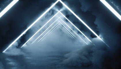 Futuristic Neon Triangle Tunnel With Smoke and Blue Light Futuristic Abstract Background