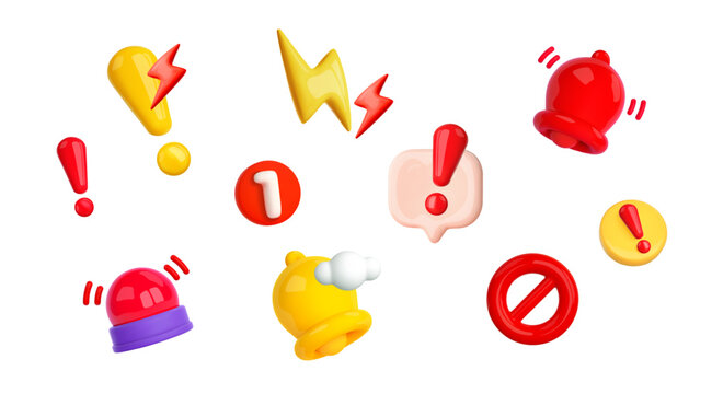 3d icon alert, danger, important information, problem. Danger attention bell, message speech bubbles, alert notification, prohibited sign, siren signal. Emergency exclamation element illustration