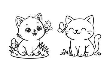 Cute Smiling Cat with Butterfly Kids Coloring Page Black and White Line Art Illustration