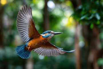 Fototapeta premium A Colorful Kingfisher in MidFlight Against a Green Forest