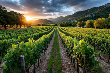 Naklejka premium Vineyard Sunset Rows Mountains Clouds Nature Landscape