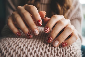 Festive christmas nail art designs featuring classic red and white details like stripes, snowflakes, for the holiday season