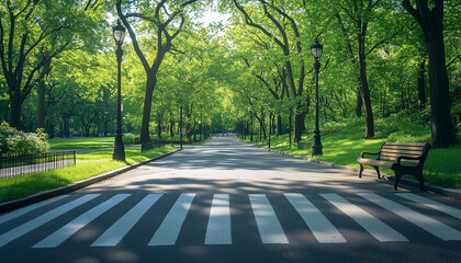 Fototapeta premium Pedestrian zebra crossing on asphalt road with green park area and trees. Crosswalk marking signals safe street passage for walkers and