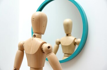 Wooden jointed figure ponders its reflection in a round teal framed mirror. The dummy looks closely at its own image, contemplating identity or self perception.