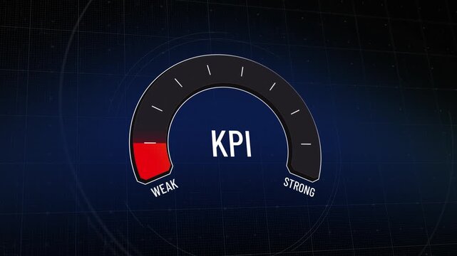 Digital KPI meter gauge reading sweeps from red weak performance to green strong success and back, animated speedometer indicator, volatile business metrics, dashboard data visualization, copy space