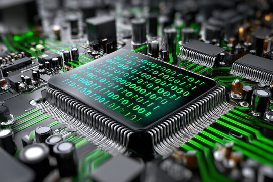 Close Up of CPU with Green Binary Code