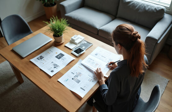 Woman designer sketches website wireframes on paper at wooden desk. Planning digital project layout, creating user interface structure. Focused work on UX design elements. - Powered by Adobe