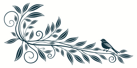 Fototapeta premium Elegant vector corner ornament with stylized leaves, swirls, and a small bird on a branch, perfect for decoration and design