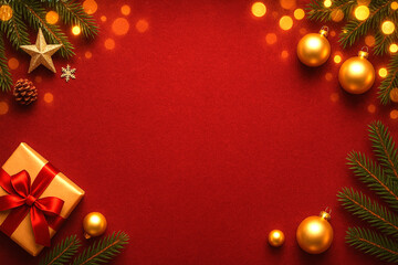Top-down view of red Christmas background with gold baubles, gift box, pine branches and bokeh lights perfect festive frame with copy space for holiday use and greetings.