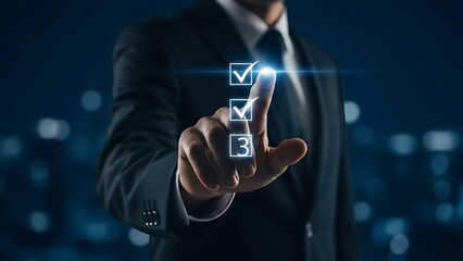 Businessman selecting options on a digital checklist with city lights background