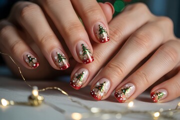 Festive christmas tree nail art design with green glitter accents and golden star, painted on a short natural nail for the holidays