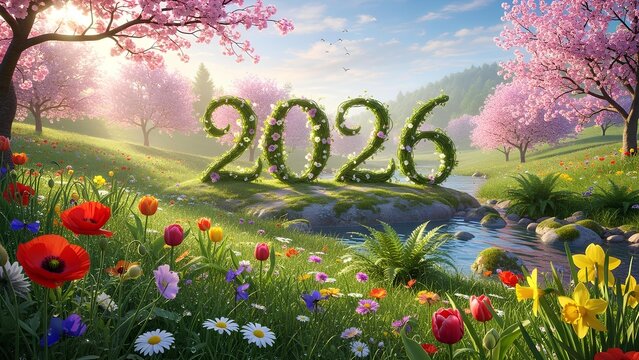 Envision 2026: A vibrant spring landscape with floral numbers, cherry blossoms in bloom, and promises of a bright future, ideal for new year's promotions and optimistic campaigns