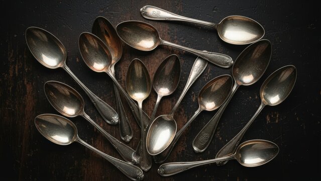 A collection of vintage silver spoons scattered on a dark surface.