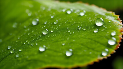 Fresh green leaf with water droplets - macro nature background