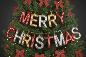 Classic christmas tree adorned with colorful ornaments, warm lights, and a traditional 'merry christmas' sign, evoking cozy holiday spirit