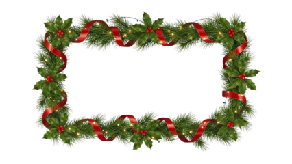 Festive Christmas frame with pine branches holly and red ribbon on transparent background