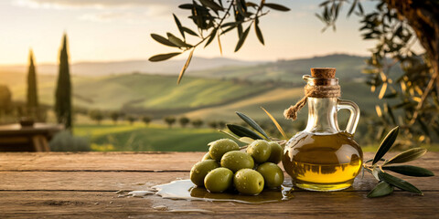 Fresh green olives and a golden olive oil bottle on a rustic wooden table with a mediterranean sunset view