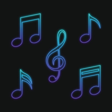 A vibrant set of vector purple-blue neon music notes designed in a clean outline style with a soft retro glow. Perfect for modern graphics, retro aesthetic projects, posters, labels, and digital art.