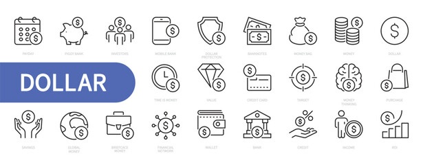 Dollar icon set. Currency, money, finance, piggy bank, banknote, value, credit card, savings, wallet, bank, income, payday, global, financial, etc. Vector illustration. Isolated on a white background.
