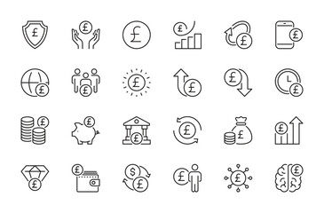 Pound sterling icon set. Currency, money, finance, savings, cash, financial network, bank, money bag, growth, piggy bank, value, wallet, etc. Vector illustration. Isolated on a white background.
