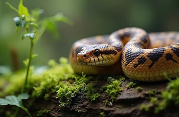 Fototapeta premium Close up photo of a Burmese python. The snake rests on a mossy log with green plants. Reptile animal shows scale patterns in detail. Wildlife scene.