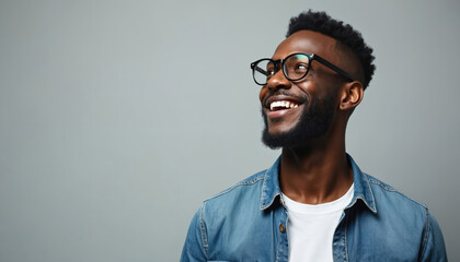 Obraz premium Black man with glasses smiles widely. Portrait of an African American guy with a happy expression. Person wears denim shirt looking up in a studio. Joyful male face close up.