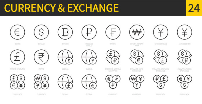 Currency & exchange icon set. Euro, dollar, bitcoin - cryptocurrency, russian ruble, franc, won, yuan, yen, pound sterling, rupee sign. World money. Editable stroke. Vector illustration. Flat design.