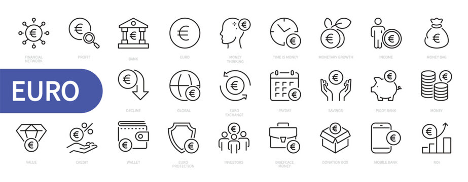 Euro icon set. Currency, money, finance, bank, profit, income, money bag, roi, exchange, savings, piggy bank, wallet, credit, financial, etc. Vector illustration. Isolated on a white background.