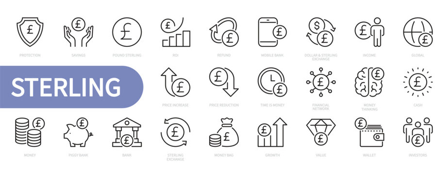 Pound sterling icon set. Currency, money, finance, savings, cash, financial network, bank, money bag, growth, piggy bank, value, wallet, etc. Vector illustration. Isolated on a white background.