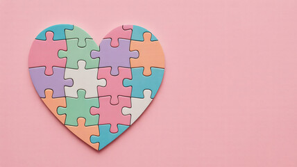 Pastel heart-shaped jigsaw puzzle with interlocking pieces on a pink background