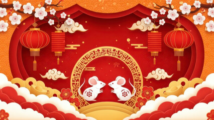 Festive chinese new year scene with red lanterns cherry blossoms and lucky mice under an ornate archway