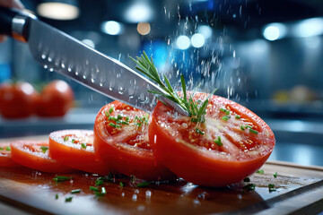 Knife slicing fresh tomatoes with rosemary and chives