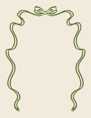 Wavy frame with a ribbon bow. Vector green vintage frame, isolated. Border for menus, invitations, and cards.