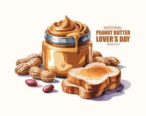 National Peanut Butter Lover's Day vector. Toasted bread with peanut butter icon. Peanut butter jar and spread bread vector. Peanut butter sandwich illustration. March 1. Important day